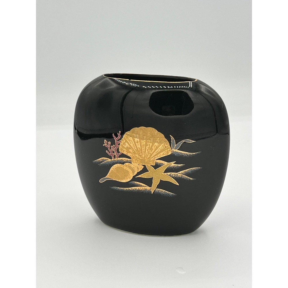 Otagiri Japan Black Gold Seashell Starfish Ceramic Vase Vintage Coastal Decor